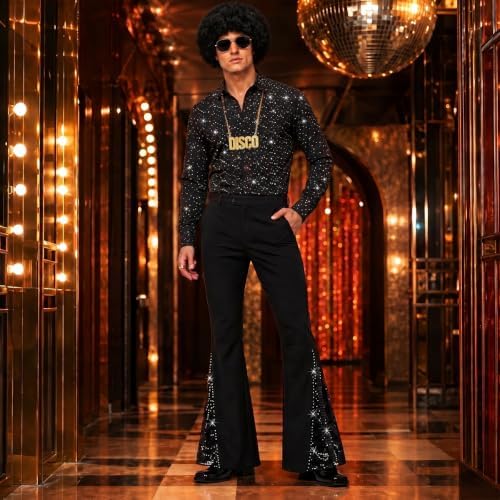 12Pcs 70s Outfits for Men, Disco Costume with Bell Bottom Pants Shirt Set