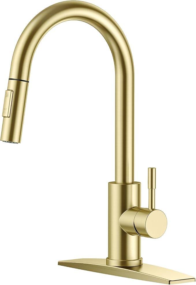 FORIOUS Gold Kitchen Faucet with Pull Down Sprayer, High Arc Modern Classic Sink Faucet Stainless Steel with Deck Fit for 1 or 3 Hole for Pot Filler Bar Farmhouse Laundry Rv, Brushed Champagne Golden