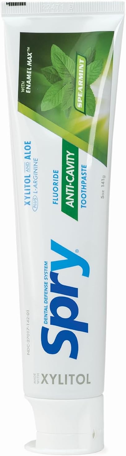 Spry Natural Xylitol Toothpaste with Fluoride, 5oz Spearmint (Pack of 2) | Gentle for Sensitive Teeth Whitening and Remineralizing, Bad Breath Freshening, Dry Mouth Moisturizing, for Adults and Kids