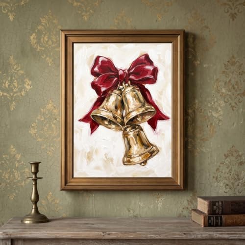 Framed Canvas Wall Art Expressive Painterly Vintage Gold Bells Red Satin Bow and Impasto Textures Canvas Print Poster Gold Frame Wall Decor for Living Room Holiday Decor, Christmas Gift - Inch 8x10