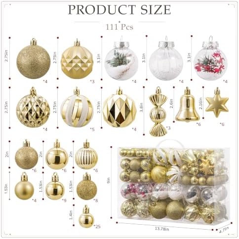 111 Pcs Gold & Clear Christmas Ball Ornaments, Shatterproof