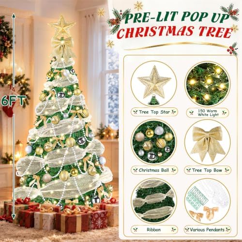FUSPWEAO 6FT Pre-Lit Pop Up Christmas Tree with Lights for Holiday Decor