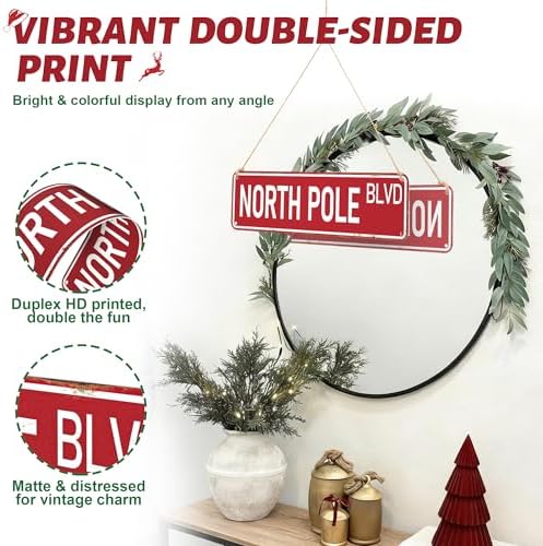 Candy Cane Lane Christmas Decorations 8 Pack, Double-Sided Vintage Street Signs of North Pole/Santa’s Workshop/Gingerbread & More, All-Weather Outdoor Christmas Signs Yard Tree Ornament, 4 x 14 Inch