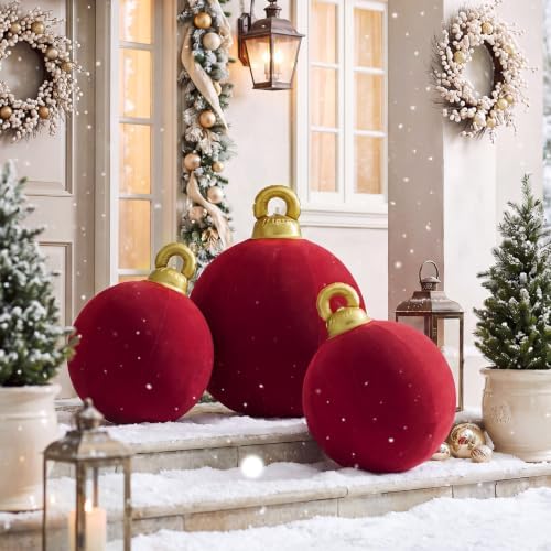 Jenaai 3 Pcs Burgundy Giant Velvet Christmas Inflatable Ball Ornament