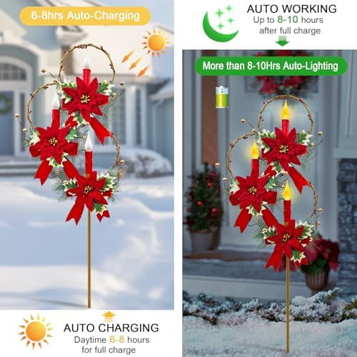 Outdoor Solar Christmas Decorations,LED Red Candle Holiday Garden Stakes