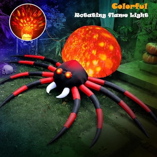 10FT Halloween Inflatables Spider Outdoor Decoration for Yard, Giant Blow Up Crawling Spider with LED Rotating Flame, Large Spider Prop for Halloween Party Garden Lawn Patio Outside House Window Decor