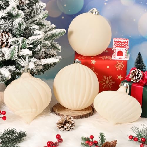 Civaner 4 Pcs Large Velvet Christmas Ball,6 Inch,Beige