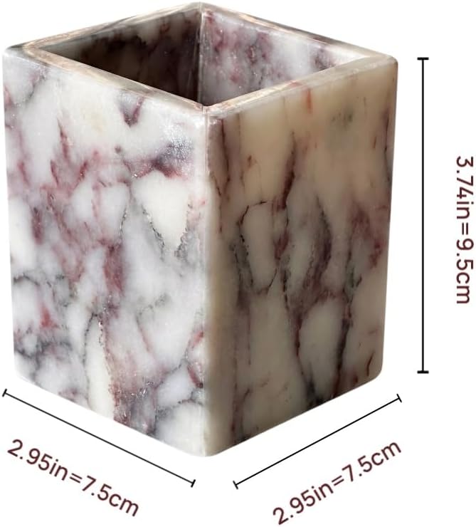 Natural Calacatta Viola Marble Pen Holder, Luxury Square Organizer Cup, Multi-Use Hand-Polished Storage for Desk, Bathroom Vanity, Kitchen Utensils & Makeup Brushes, 2.95” x 3.74”