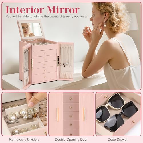 Dajasan Large Jewelry Organizer Box, 6-Tier Jewelry Storage Case with 5 Drawers, Jewelry Boxes for Women Girls with Mirror, Double Door, Textured PU Leather, Gift Idea, Stylish (Pink + Gold)