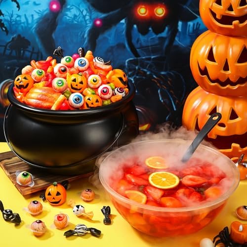 LemonRoad 3 Pcs Halloween Cauldron 12.6 Inch with Ladle Black Plastic Bowl
