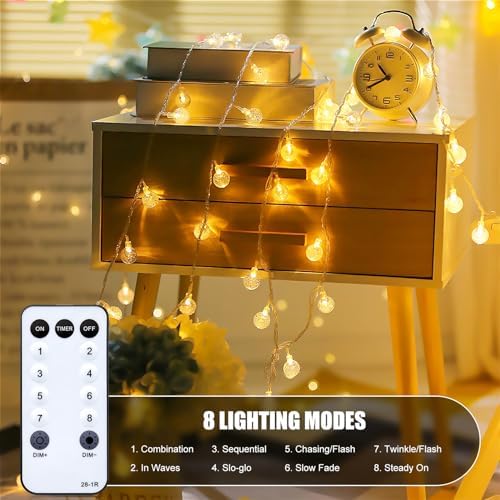 Crystal Globe String Lights Plug in - 33 ft 100 LED Globe Fairy String Lights with Remote and Timer, Waterproof for Bedroom Tent Loft Bed Window Porch Patio Wedding Party Holiday Decor, Warm White