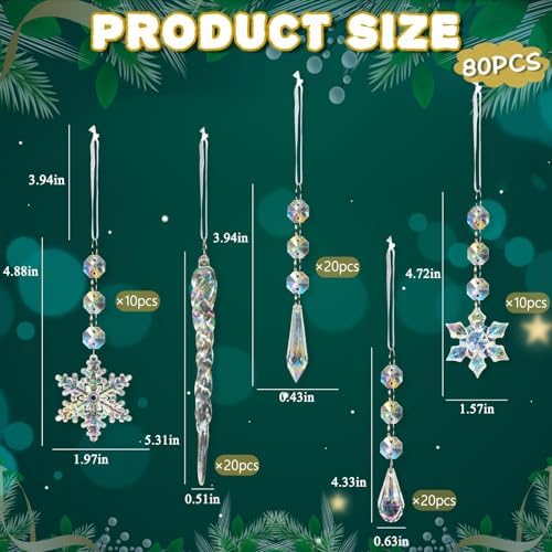Crystal Christmas Tree Ornaments, 80pcs Iridescent Acrylic Snowflake Icicle