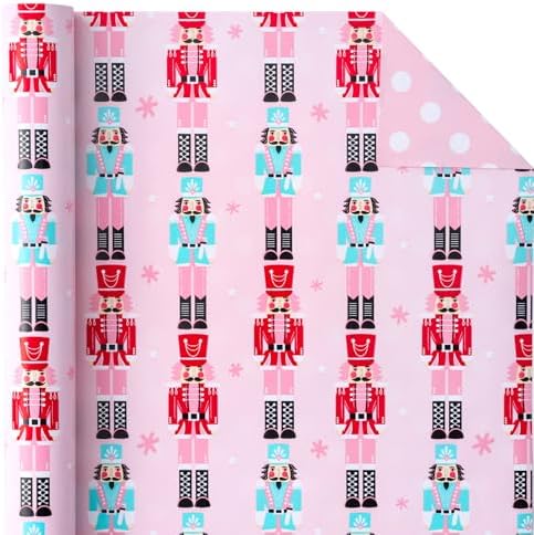 WRAPAHOLIC Reversible Christmas Wrapping Paper - Mini Roll - 17 Inch x 33 Feet - Pink Nutcracker Wrapping Paper and Polke Dot Design for Christmas, Holiday, Party Celebration