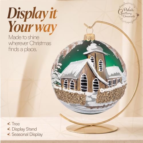 Polish Hand Blown Glass Christmas Ornaments Ball, Chapel Green 5 in