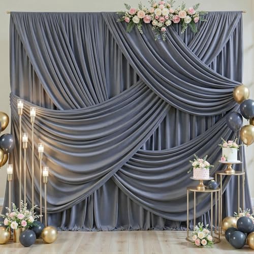 4 Panels Charcoal Backdrop Curtain for Parties Wedding Wrinkle Free Silver Grey Photo Curtains Backdrop Drapes Fabric Decoration for Birthday Party Baby Shower 20ft(W) x 10ft(H)