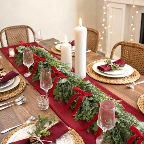 Christmas Decorations, 6FT Norfolk Pine Garland with Red Velvet Ribbon Bows