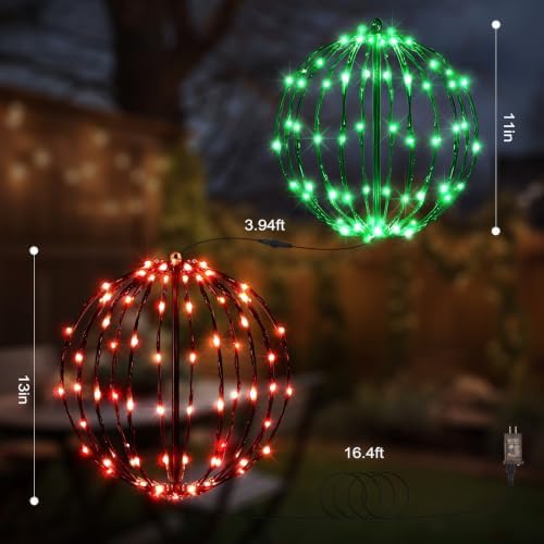 Christmas Decorations,LED Light Balls Outdoor,2 Pack,Red&Green