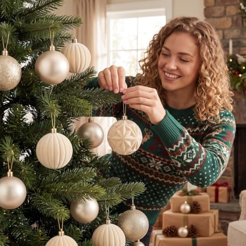 Civaner 52 Pcs Velvet Christmas Ball Ornaments Flocked Christmas Tree Hanging Ornaments 3 Assorted Size Shatterproof Xmas Ball Decorations Set for Xmas Holiday Winter Party Decor(Beige)