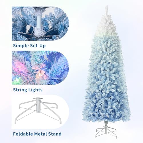 GarveeHome 7.5 ft Prelit Artificial Christmas Tree with RGB & Warm White Lights, Pre-Lit Snow Flocked Pencil Christmas Tree, Foldable Base,Holiday Decoration for Home, Office, Party,Blue Gradient