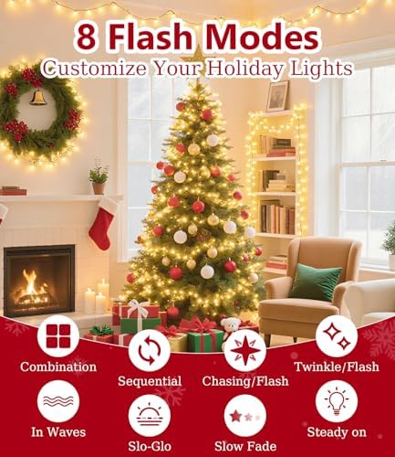 49FT 1000LED Warm White Christmas String Lights Outdoor with 8 Modes, IP44 Waterproof Plug in Christmas Tree Light Cluster Lights for Christmas, Patio, Garden, Indoor Outdoor Decor