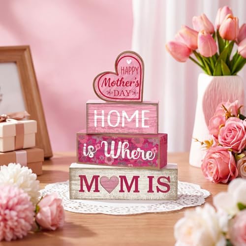 Lineshading 4 Pcs Wooden Block Signs Mothers Day Farmhouse Tabletop Decor