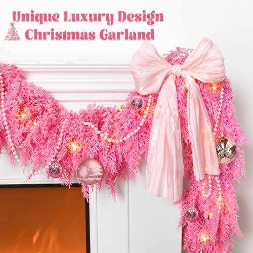 9FT Pink Christmas Garland with Lights Bow Decor Soft Preit Cedar Garland