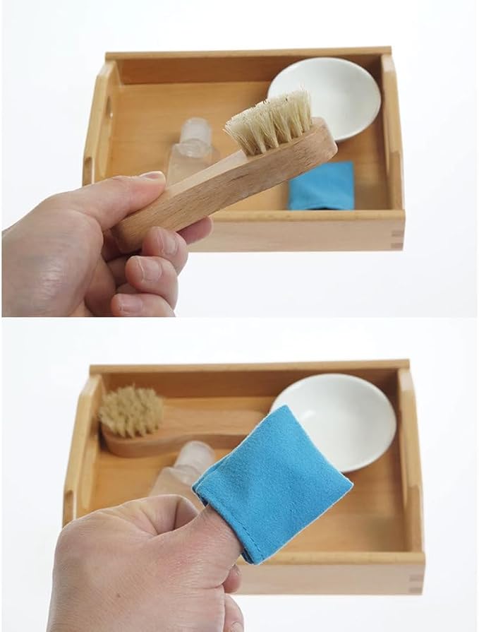 Montessori Shoe Cleaning Practical Life Set, Kids Shoe Washing Work Tray with Wooden Brush, Bowl, Spray Bottle & Cloth