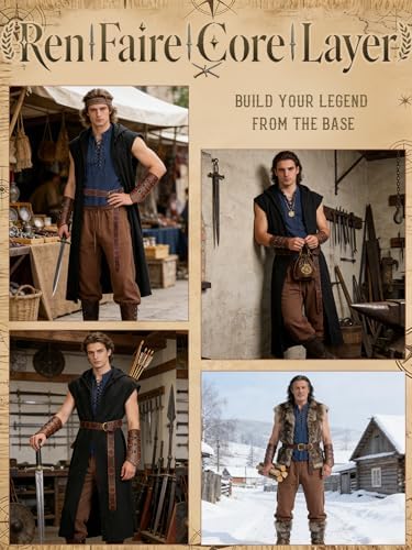 Verceco Mens Pirate Costume 8PCS Renaissance Sleeveless Shirt Ankle-Banded Pants Sash Belt & Accessories LARP Cosplay
