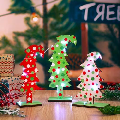 Meooeck 3 Pack Whimsical Wood Christmas Tree Lime Green Tabletop, Polka Dot
