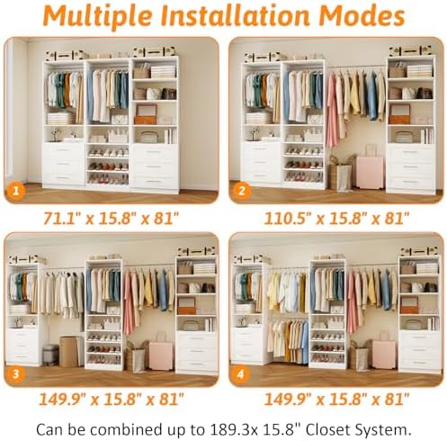 Closet System with 3 Sets, 6–15 FT Closet Organizer System with 6 Drawers, 9 Shelves & 5 Rods, Walk-In Modular Closet System, Custom Built-In Closet Kit, White