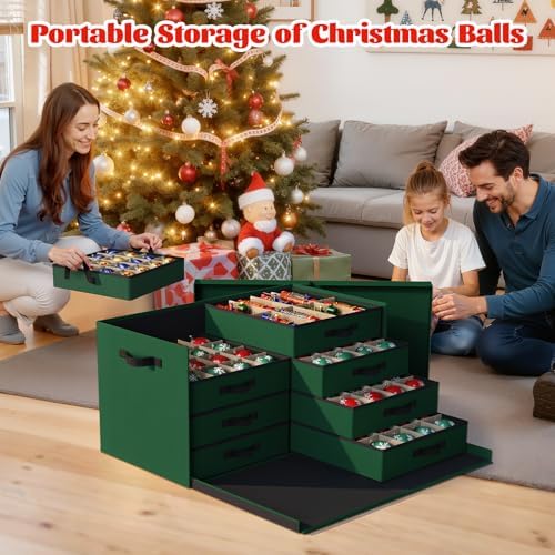 Christmas Ornament Storage Box - Ultra Large Drawer Ornament Organizer with 8 Separate Trays & Adjustable Dividers, Portable Ornaments Box with Cover & Handle for Holiday Decorations(Green)