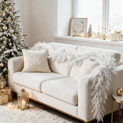 9FT White Christmas Cedar Garland, Realistic Artificial Garland, Winter Snowy Xmas Decorations Indoor Outdoor, Faux Holiday Garland for Mantle, Fireplace, Table, Door, Wedding Party Decor