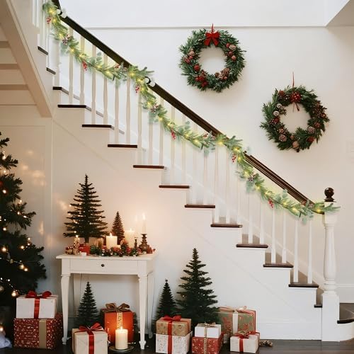 DR.DUDU 9FT Prelit Christmas Garland with Lights Mantel Decorations