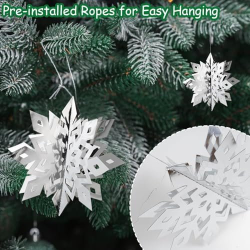 Snowflake Decorations, Paper Christmas Hanging Decor Indoor, Silver, 24-Pc