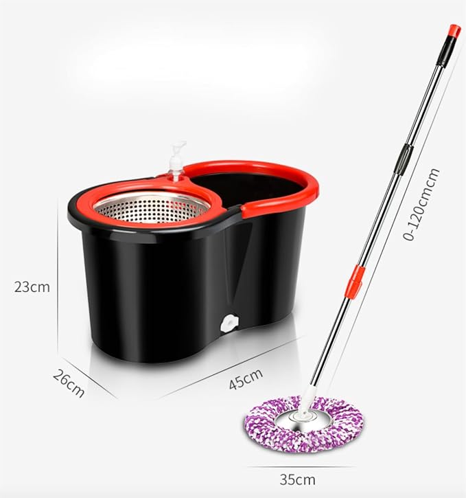 Spin Mop and Bucket Set with 2 Microfiber Mop Heads, Stainless Steel Handle, ABS Bucket, Black and Red Floor Cleaning System for Home, Kitchen and Office Use