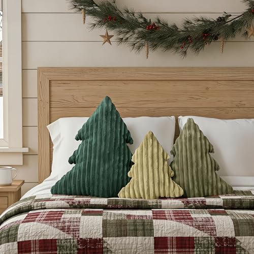 Christmas Decorations Plush Throw Pillows: Soft Green Velvet Christmas Tree Shaped Pillow, Cute Rustic Stuffed Cushion Xmas Decor Indoor for Kids Home Sofa Bed Couch Office Couch Living Room, Set of 3