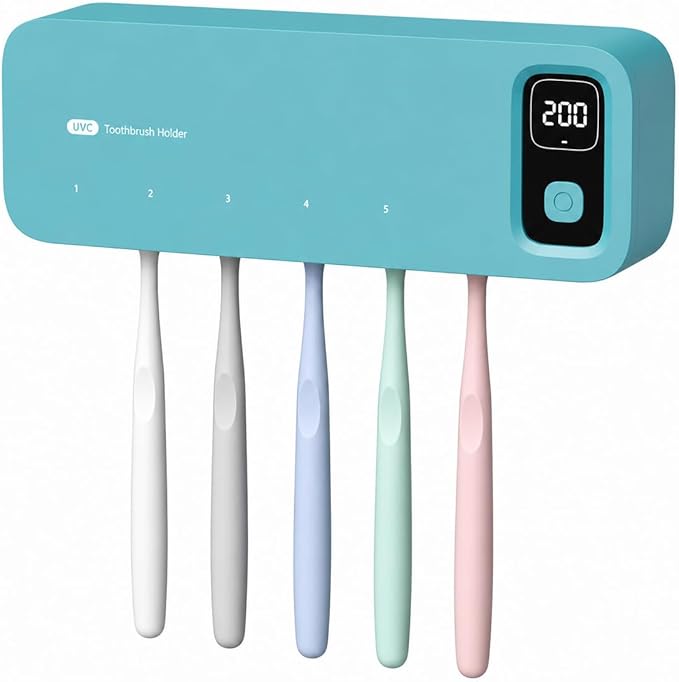 UV Light Toothbrush Cleaner Holder, Wall Mount Tooth Brush Holder for Bathroom, 5 Toothbrush Slots & LED Smart Screen Fits Electric, Manual Toothbrushes (Blue)