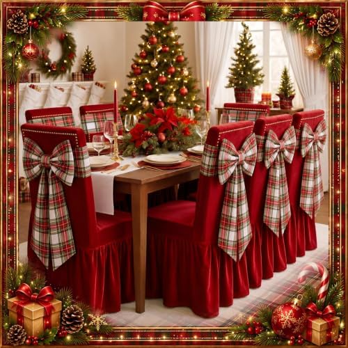Thiccywoov 4 Pcs Christmas Chair Bows Decorations 25 x 14 in, White Tartan