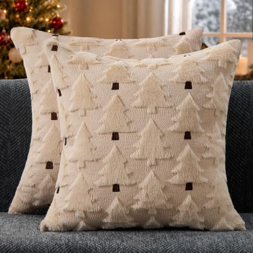 Allorry Christmas Pillow Covers 20x20 inch Set of 2 Christmas Decorations Soft Plush Faux Fur Wool Beige Christmas Tree Throw Pillow Cases Winter Holiday Decor for Sofa Living Room PT-012R20