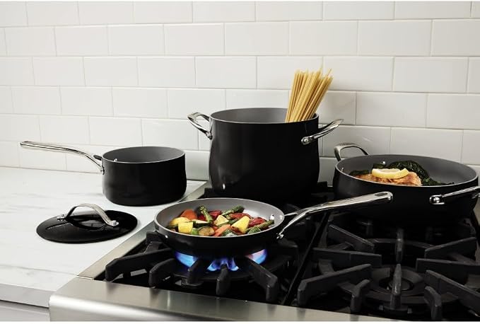 Cuisinart Ceramic Cookware Set, Nonstick 12-Piece Pots and Pans Set for Even Heat Cooking, Dishwasher Safe, Stainless Steel Handles & Easy Cleanup, Black, 34C-12BK
