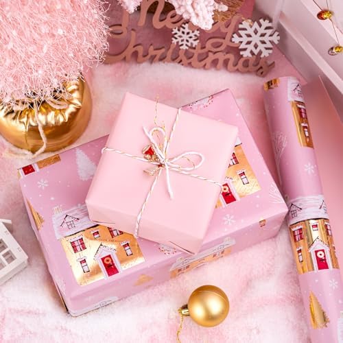 WRAPAHOLIC Reversible Christmas Wrapping Paper - Mini Roll - 17 Inch x 33 Feet - Pink House and Solid Pink Wrapping Paper with Metallic Foil Shine for Chrsitmas, Holiday, Party