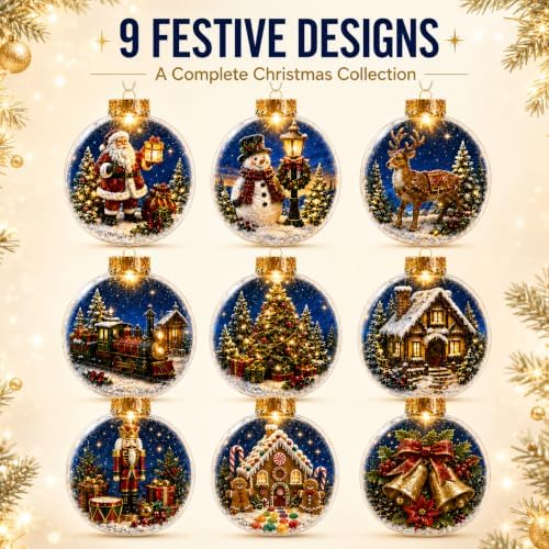 9 Pack Lighted Christmas Ball Ornaments with Flat Acrylic Inserts