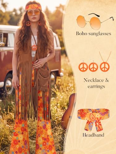SOMSOC 7 Pieces 60s 70s Women Hippie Costume Fringe Vest Bag Pant Headband for Disco