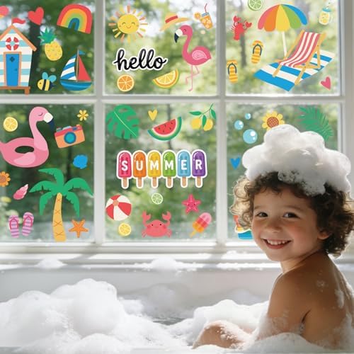 Summer Window Clings for Glass Windows Decor, Beach Window Decals for Kids