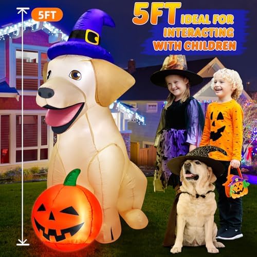 5Ft Halloween Inflatables Decorations Outdoor Vivid Lab Dog with Build-in Bright LED Blow Up Yard Decoration with Witch Hat Halloween Decorations Outdoor for Holiday Party Indoor Garden Lawn Home