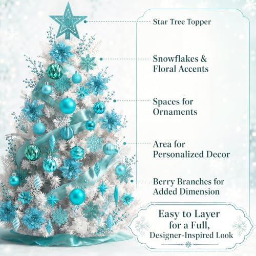 CroBlissful 118 Pcs Teal Blue Christmas Tree Decoration Set Including Ornaments Ball, Mesh Ribbon, Snowflakes Icicle, Tree Top Star, Deer, Flower, Berries Stem Teal Christmas Decoration for Xmas Trees