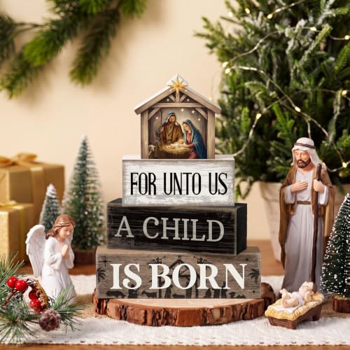 Moucuny 4 Pcs Christmas Table Decoration Christian Wooden Stacked Blocks