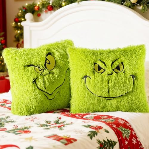 eowvsio 2PCS Chrismas Pillow Covers 18x18 inch,Green Xmas Throw Pillow Cases,Chrismas Decor Soft Plush Faux Fur Wool Couch Cushion Case for Chair Sofa Bedroom Living Room