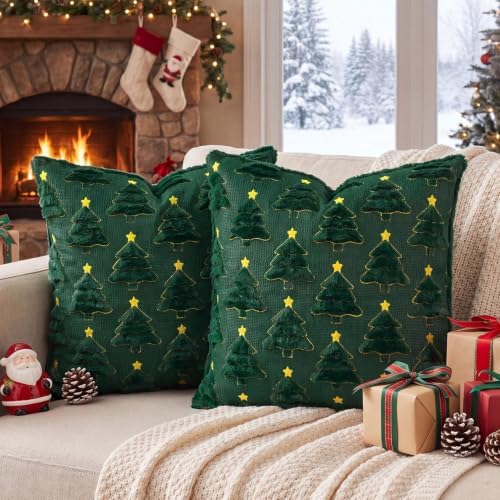 Softalker Christmas Pillow Covers 18x18 Set of 2, Green Winter Home Decor