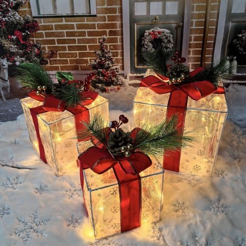 Christmas Decorations Indoor, Lauzior Set of 3 Christmas Lighted Gift Boxes 60 LED Light Up Xmas Present Ornament for Tree Indoor Outdoor Yard Holiday Door Decor- Small, Warm White Xmas Lights
